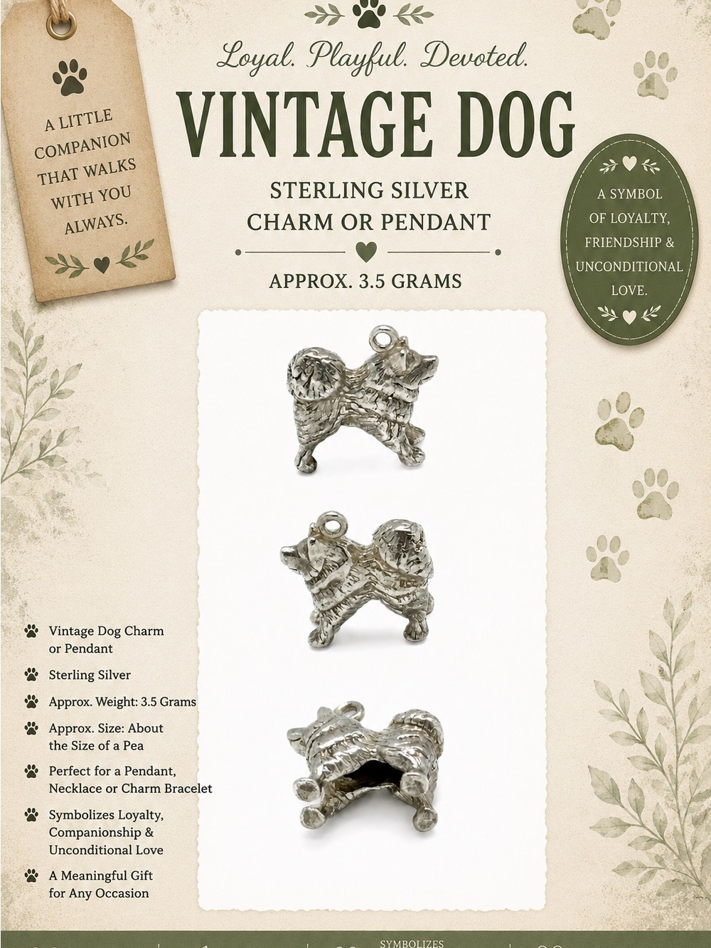 Vintage Dog Sterling Silver Charm - Silver